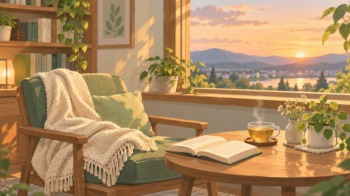 窓辺の椅子とブランケット、開いた本とハーブティーのある静かな部屋のイラスト